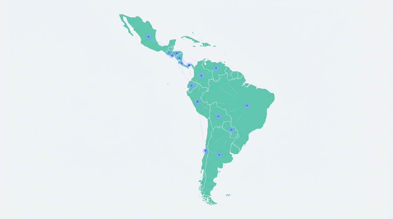 Map of Latin America showing LatamLook coverage across 16 countries